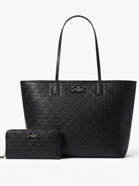 Kate Spade Black Embossed Spade & Heart Tote & Matching Wallet Set